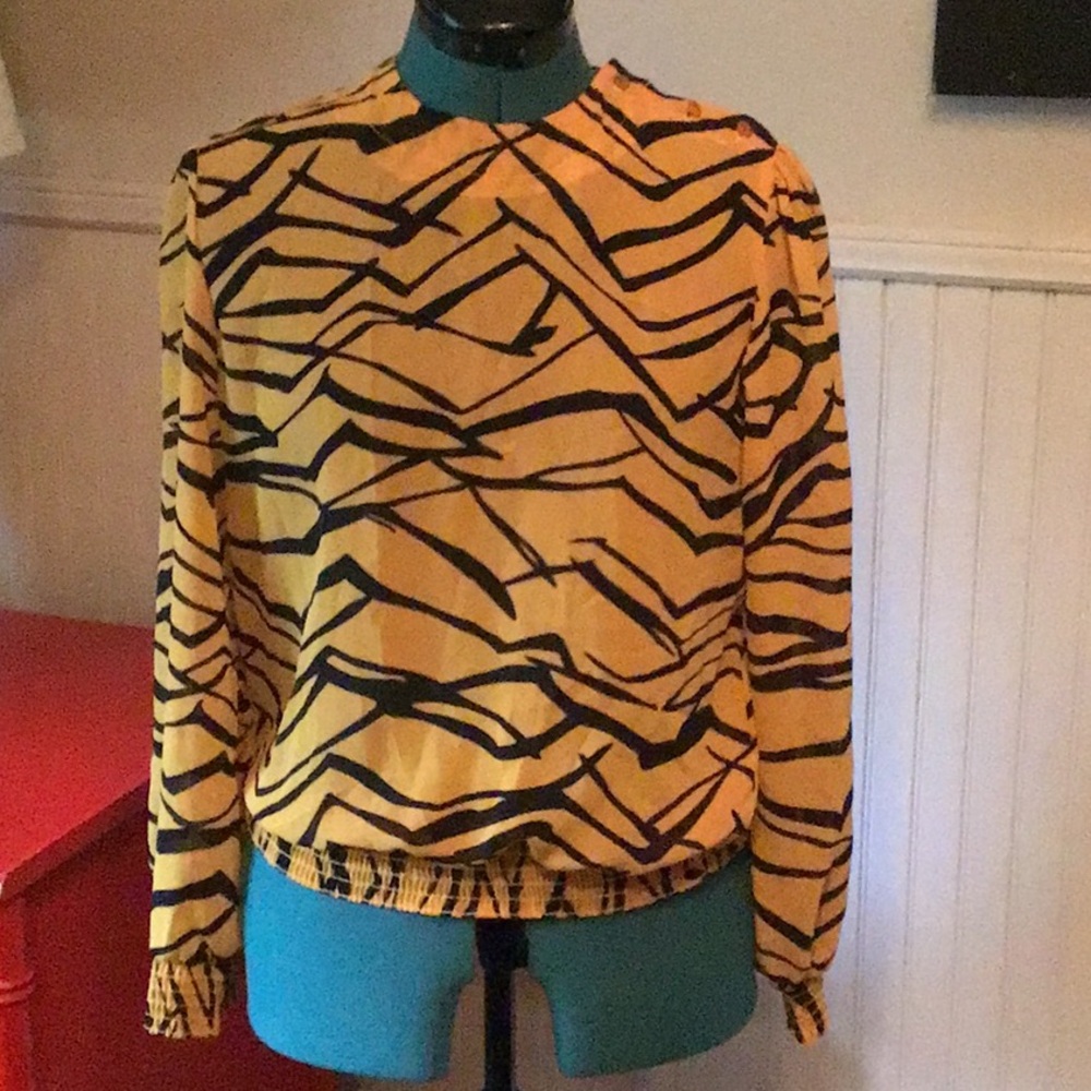 Vintage Kathy Alison blouse. Animal print. Tiger. Mustard/orange.